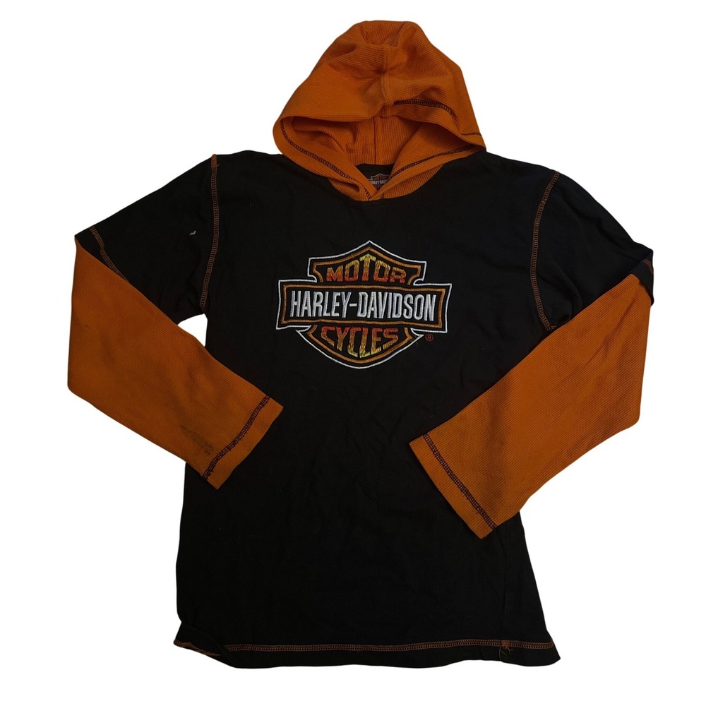 Harley Davidson Boys L 16/18 Hooded Thermal Waffle Knit Graphic Tee Black Orange